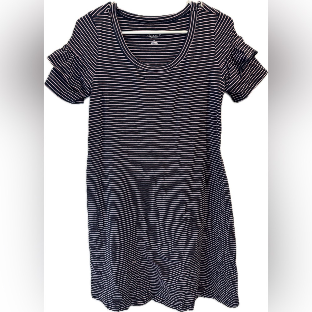 Isabel maternity pink and blue striped tshirt dress with ruffled sleeve